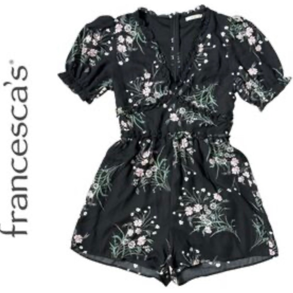 mi ami Black Floral Print Ruffle Trim Romper Short Sleeve Womens Franchescas M - Picture 2 of 9